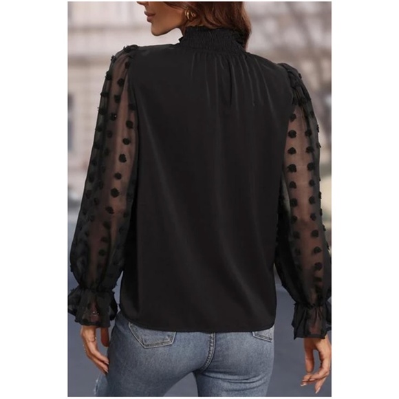 035 Black Swiss Dot Ruffle Sheer Sleeve Blouse - Picture 3 of 3